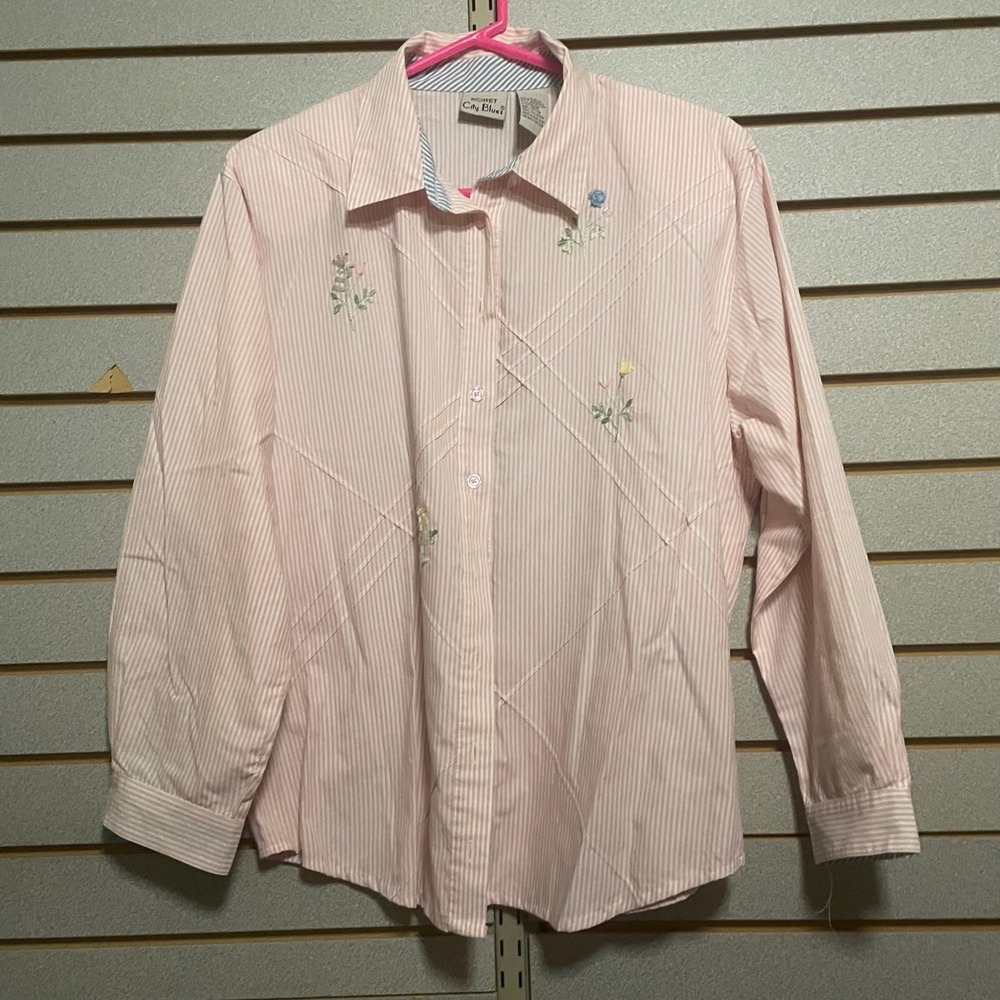 Koret City Blues Embroidered Floral Pink Striped Button Down Shirt 18W